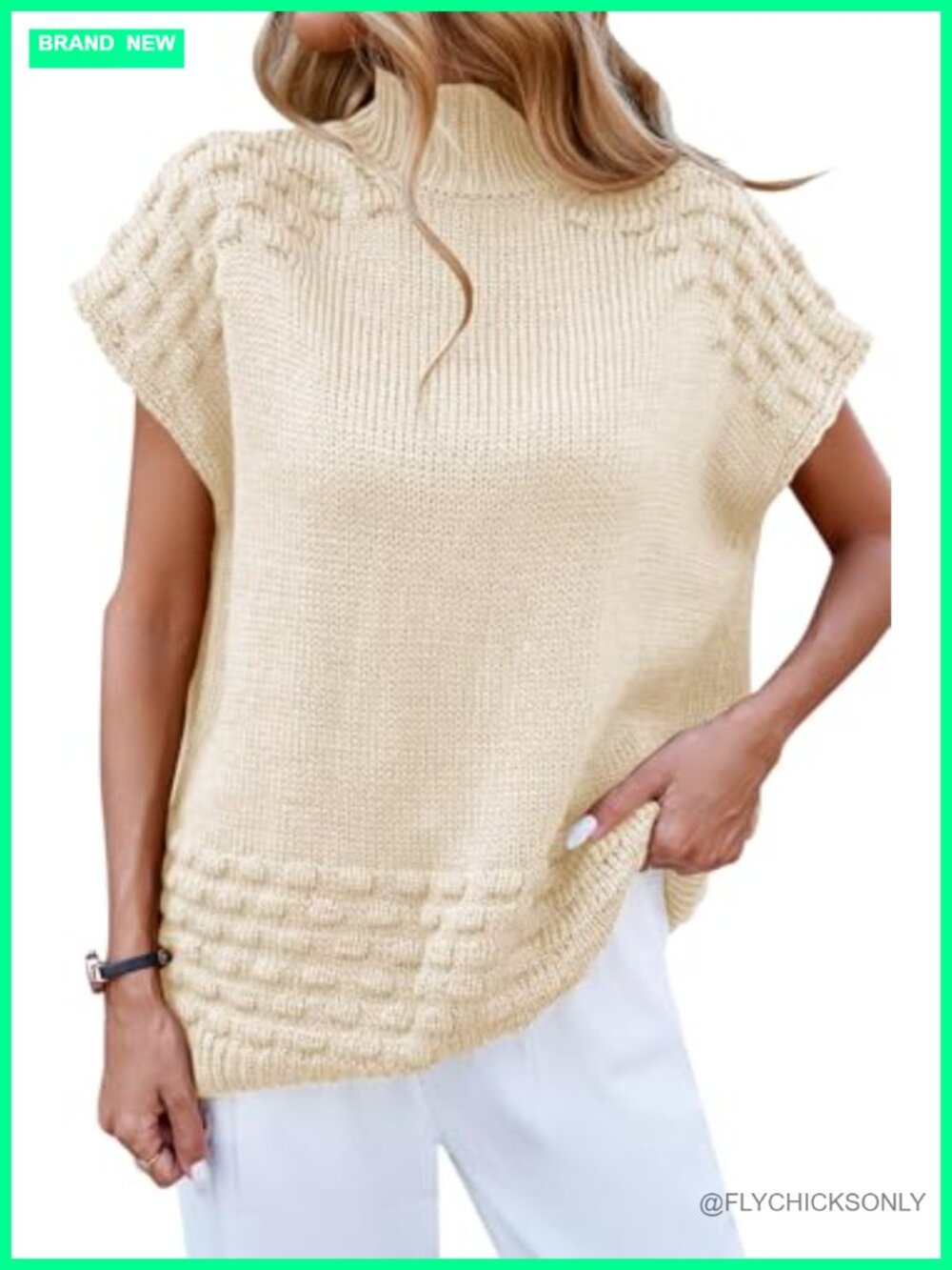 Oversized Mock Neck Sweater Vest Cap Sleeve Knit Pullover